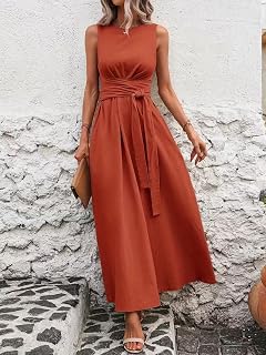 Women's Crew Neck Sleeveless Dress Tie Waist A-Line Orange Long Dress with Pockets Casual Summer Beach Dress
