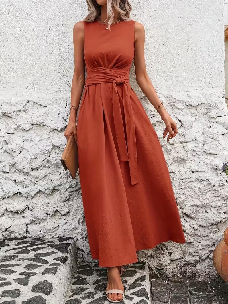 Women's Crew Neck Sleeveless Dress Tie Waist A-Line Orange Long Dress with Pocke