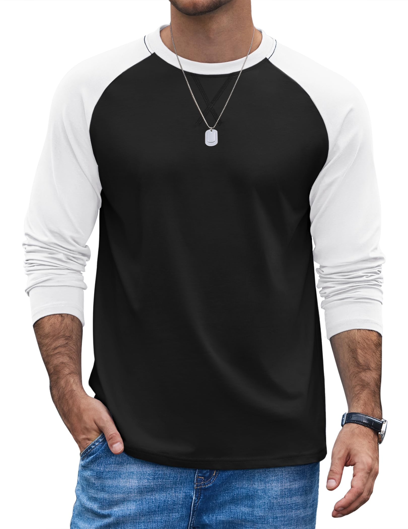 COOFANDY Men's Long Sleeve T-Shirt Cotton Raglan Baseball Tee Crew Neck Color Bl