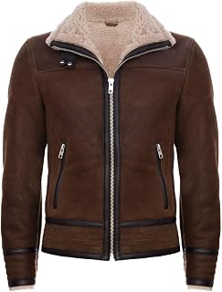 Men's Brown Tan Retro RAF Pilot Real Sheepskin Shearling Biker Leather Jacket