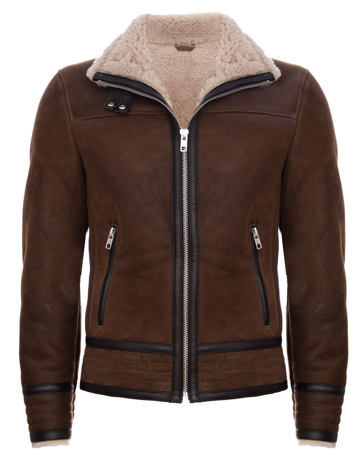 Men's Brown Tan Retro RAF Pilot Real Sheepskin Shearling Biker Leather Jacket