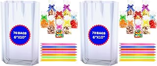 Maara Cellophane Bags, Pack of 140 (6"X10"/15X25cm) Clear Cellophane Sweet Bags, Food Safe Cookie Bags With Pull Bows, Plastic Gift Bags For Sweets, Flat Bottom Clear Party Treat Bags