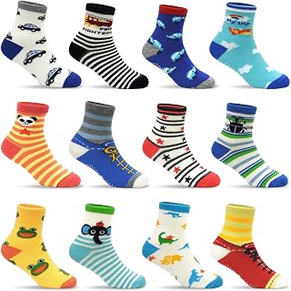 Kids Boys Anti Slip Socks, 12 Pairs Non-slip Sticky Cute Cartoon Grip Socks for Kids, 1-7 Years Old Kids Socks for Kids Girls