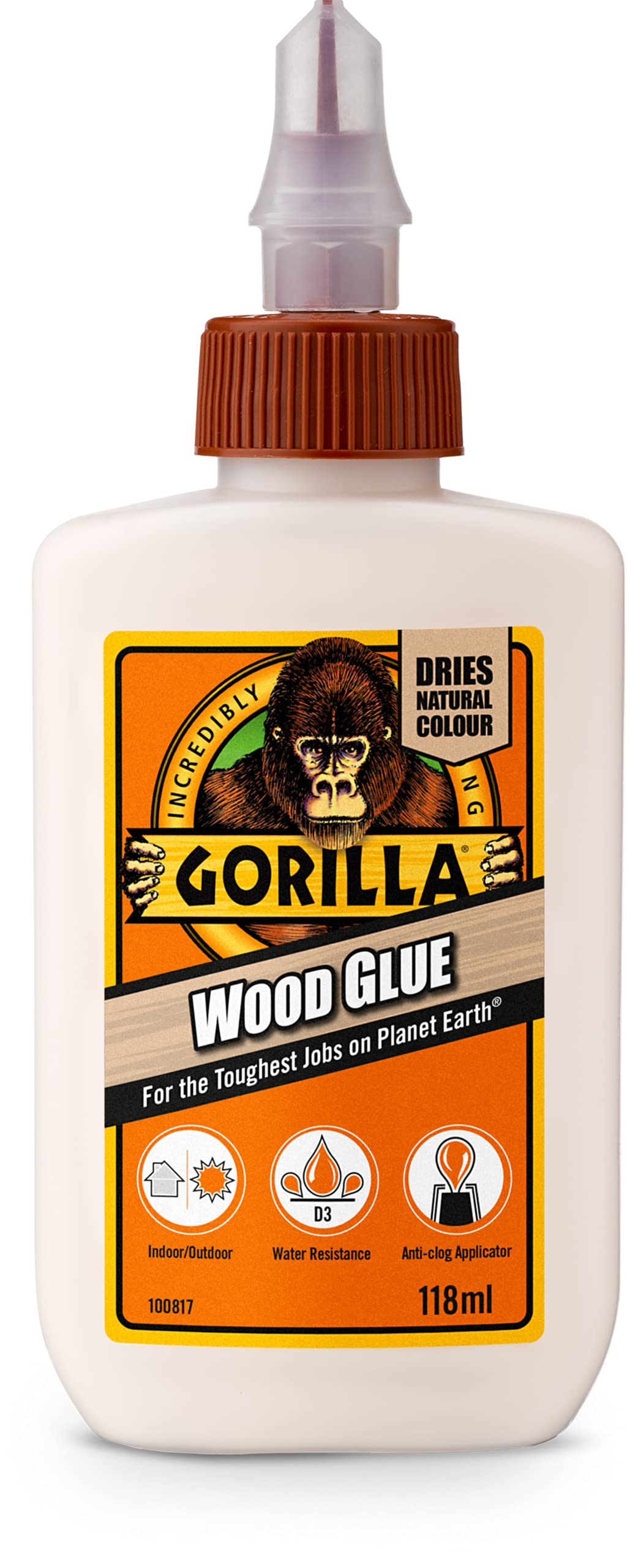 Gorilla Wood Glue 118ml | Anti-clog Cap | Suitable for all Wood | PVA Wood Glue 