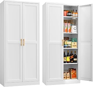 MetalMax 71"Tall Metal Kitchen Pantry Storage Cabinet with Doors& 4 Shelves | White Pantry Cabinet, Utility Kitchen Cupboard, Large Food Storage Cabinets, Steel Locker for Dining, Office, Living Room
