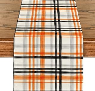 Orange Black Buffalo Plaid Fall Table Runner, Halloween Kitchen Dining Table Decoration for Outdoor Home Party 13x72 inch
