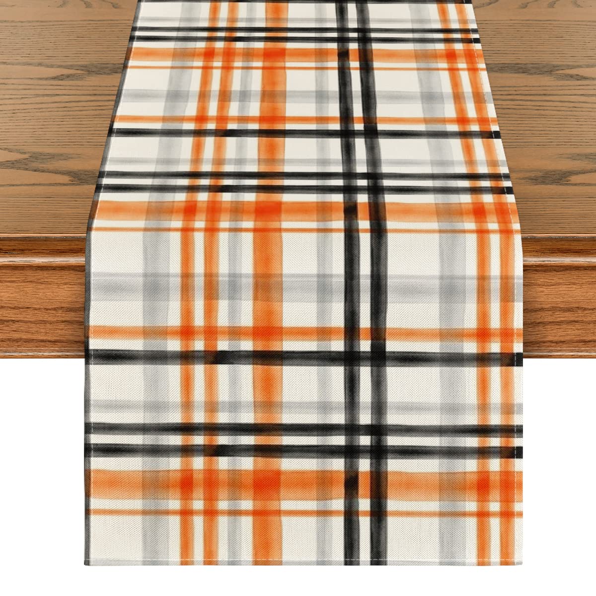 Orange Black Buffalo Plaid Fall Table Runner, Halloween Kitchen Dining Table Dec