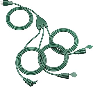 DEWENWILS 25FT (7’+6’ *3) Outdoor Extension Cord 1 to 3 Slipper Cord, Green | 16/3C Gauge Cord, Safety Outlet Covers, Evenly Spaced Plugs, SJTW Weatherproof Wire for Halloween Decorations, Lighting