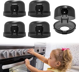BBsecure Stove Knob Safety Covers - 5 Pack Heat Resistant Stove Knob Covers | Oven Knob Covers for Child Safety, 3M Strong Adhesive, Dual-Button Locks &amp; Visual Design, for Kids &amp; Pets, Black