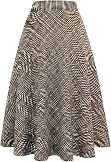 IDEALSANXUN Womens Plaid Wool Skirts Elastic Waist A-Line Pleated Tartan Long Skirts