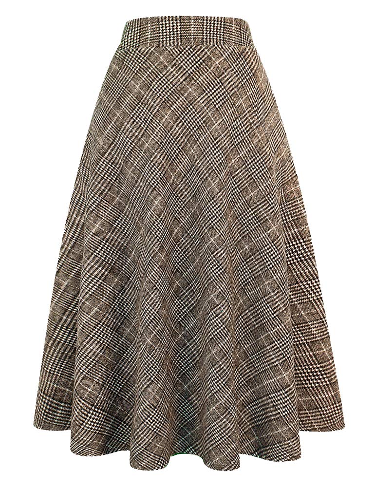 IDEALSANXUN Womens Plaid Wool Skirts Elastic Waist A-Line Pleated Tartan Long Sk