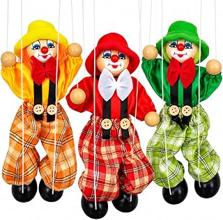 3 Pack Wooden Marionette Puppets, Clown Pull String Puppets for Kids | Colorful Designs for Creative Play Parties and Puppet Shows