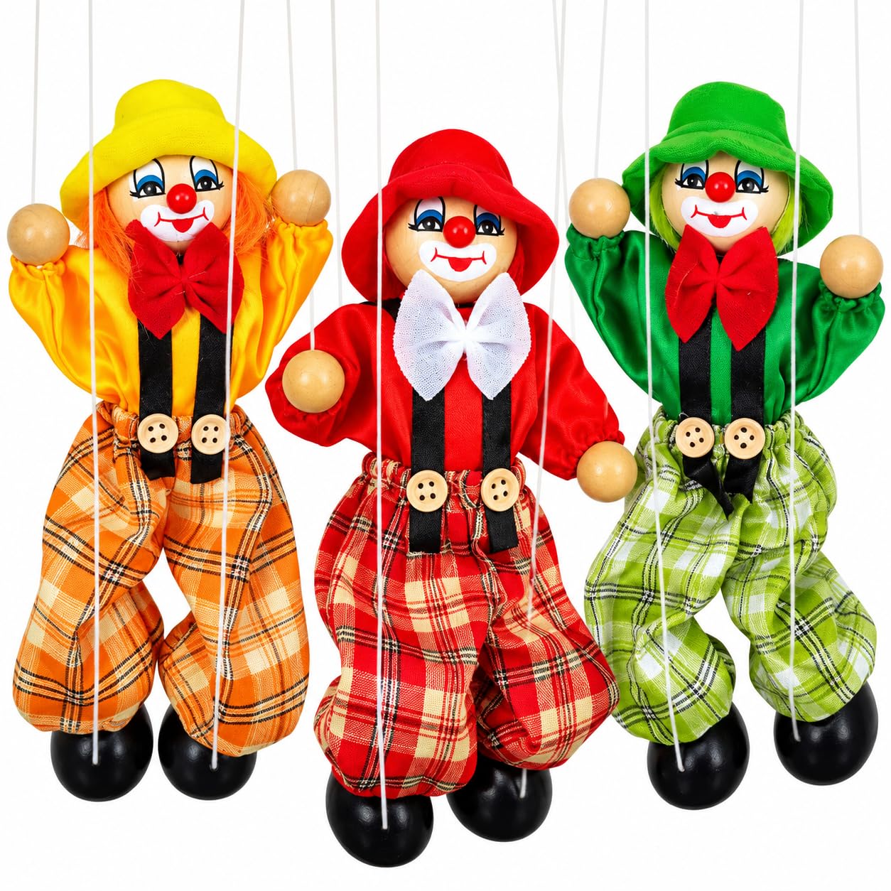 3 Pack Wooden Marionette Puppets, Clown Pull String Puppets for Kids | Colorful 