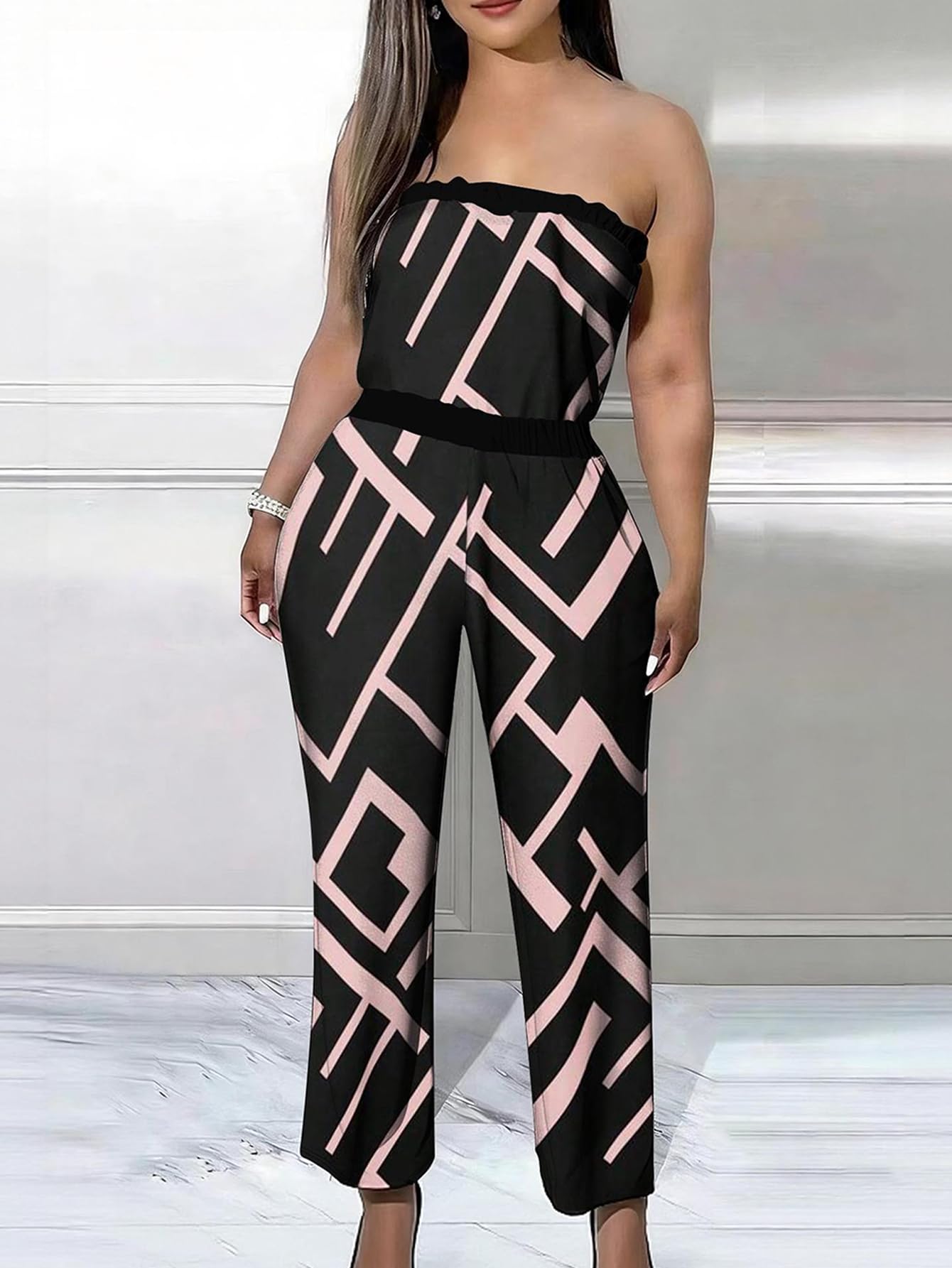 Women's Plus Size Strapless Ruffle Wide Leg Jumpsuit Rompers Geometric Line Prin
