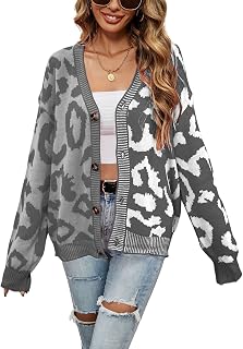 chouyatou Women's Color Block Leopard Print Button Down Long Sleeve Cardigan Sweaters