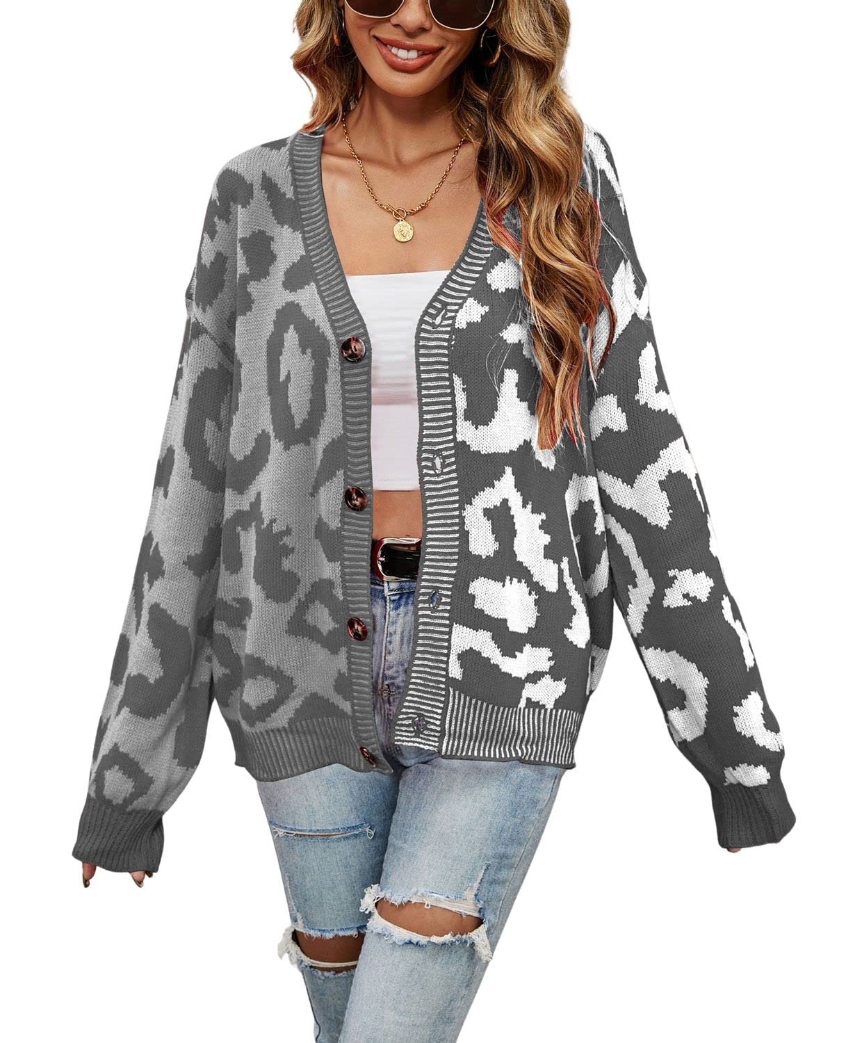 chouyatou Women's Color Block Leopard Print Button Down Long Sleeve Cardigan Swe