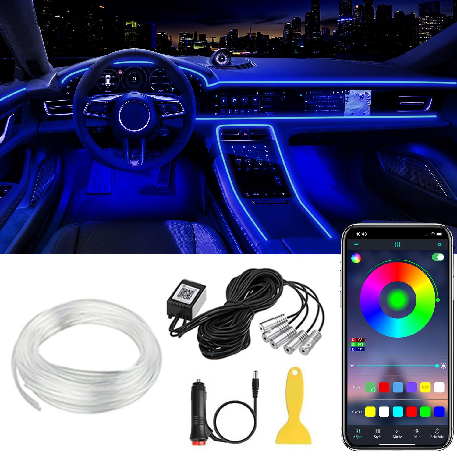 Interior Car LED Strip Lights APP Control, 5 in 1 RGB Ambient Lighting Kit | 16 