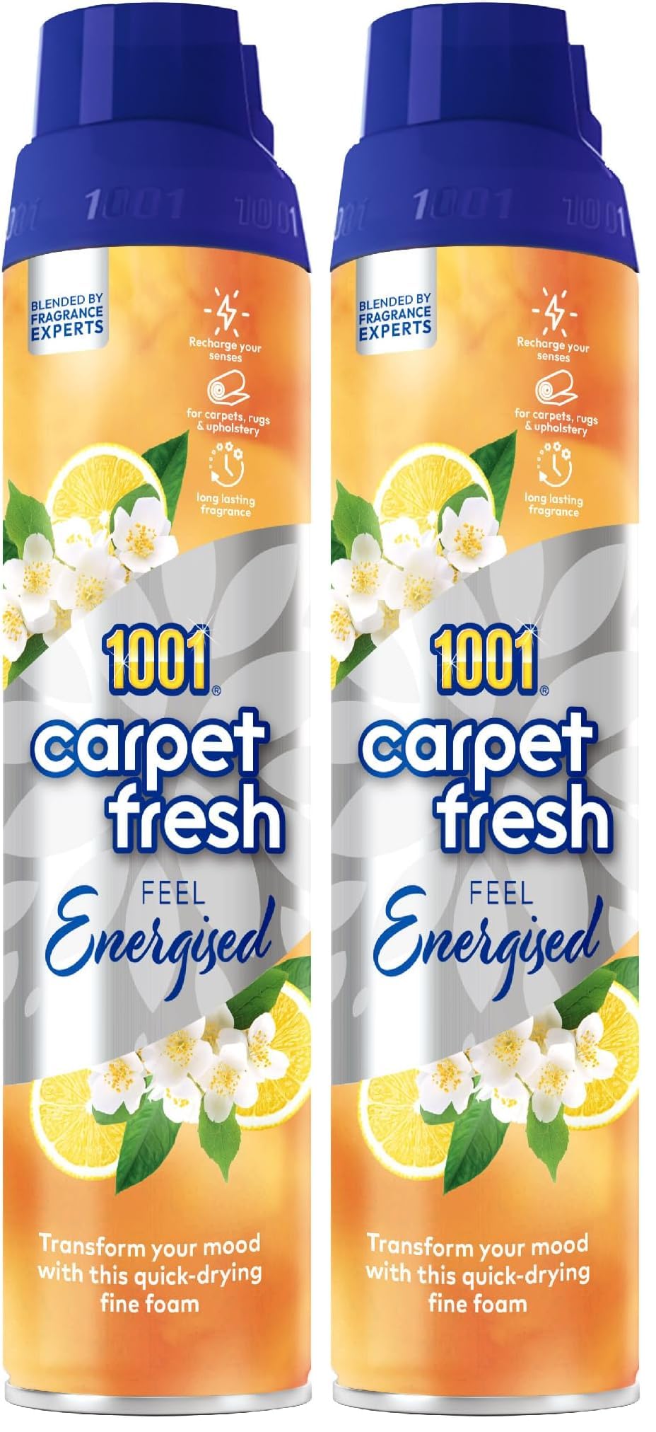 1001 Carpet Fresh Feel Energized 300ml Can - Invigorating Lemon Scent for Long-Lasting Freshness and Stress-Reducing Odor Elimination, Quick Drying, No Need to Hoover (Pack of 2)