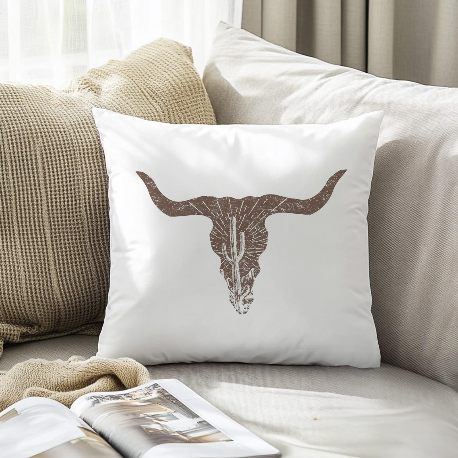 Vintage Western Skull Cushion Cover 12x20, Cowboy Cowgirl Room Decor, Country Wi