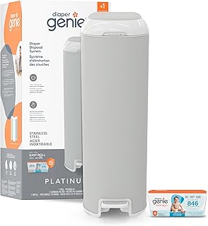 Diaper Genie Platinum Pail with Easy Roll Refill 18 bags, Stainless Steel | Hands-free odor-locking diaper pail (stone gray) includes Easy Roll tear-off bags holding up to 846 newborn diapers.