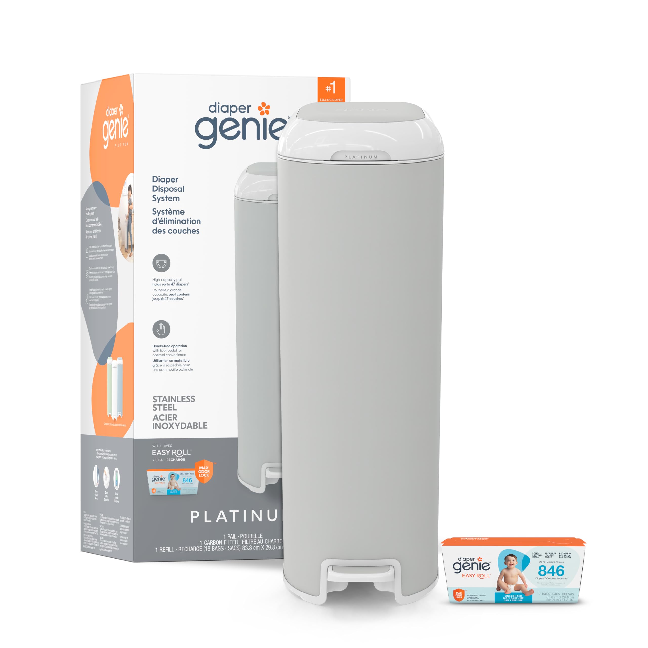 Diaper Genie Platinum Pail with Easy Roll Refill 18 bags, Stainless Steel | Hand