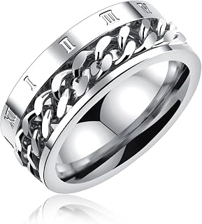 Rockyu Brand Men's Ring, Stainless Steel, Rotating Chain, 喜平, Roman Numeral Engraved Ring, Fashionable, Anxiety and Stress Relief, Health Accessory, Stainless Steel, No Gemstone