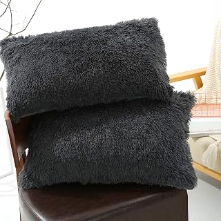 Solid Plush Standard/Queen Pillowcase 2 Pack Super Soft Fluffy Faux Fur Shaggy Pillow Cases/Covers Decorative Throw Pillow Shams with Zipper Closure (Standard/Queen-Pillowcases Only, Dark Grey)