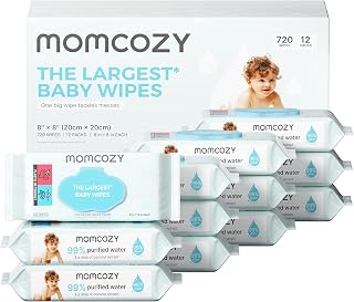 Momcozy Baby Wipes, Unscented &amp; Hypoallergenic, Gentle for Sensitive Skin | Plus Wipes-Size, Thickness, Moisture, Softness &amp; Scenario Plus, 99% Water-Based Wet Wipes, 720 Wipes Total, 12 Flip-Top Packs