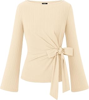 ZESICA Camisas casuales de manga larga para mujer, cuello barco, cintura fruncida, ajuste fruncido, a la moda, para salir, otoño 2026