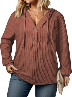 VISLILY Womens-Plus-Size-Hoodies Button V Neck Lightweight Knit Sweaters Casual Long Sleeve Tops Drawstring Hooded Sweatshirt