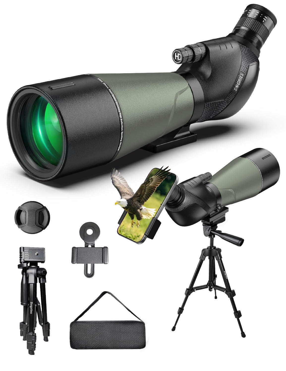 20-60x80 HD Spotting Scope with Dual Focusing Phone Adapter & Tripod | BAK4,FMC,
