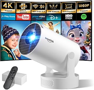 Wowlink Mini Projector with WiFi and Bluetooth, Built-in Apps, Auto Keystone, 180° Rotation, 1080P/4K Support, Portable Projector Supports Smartphone/TV Stick/Laptop/HDMI/USB, with Air-Remote,White