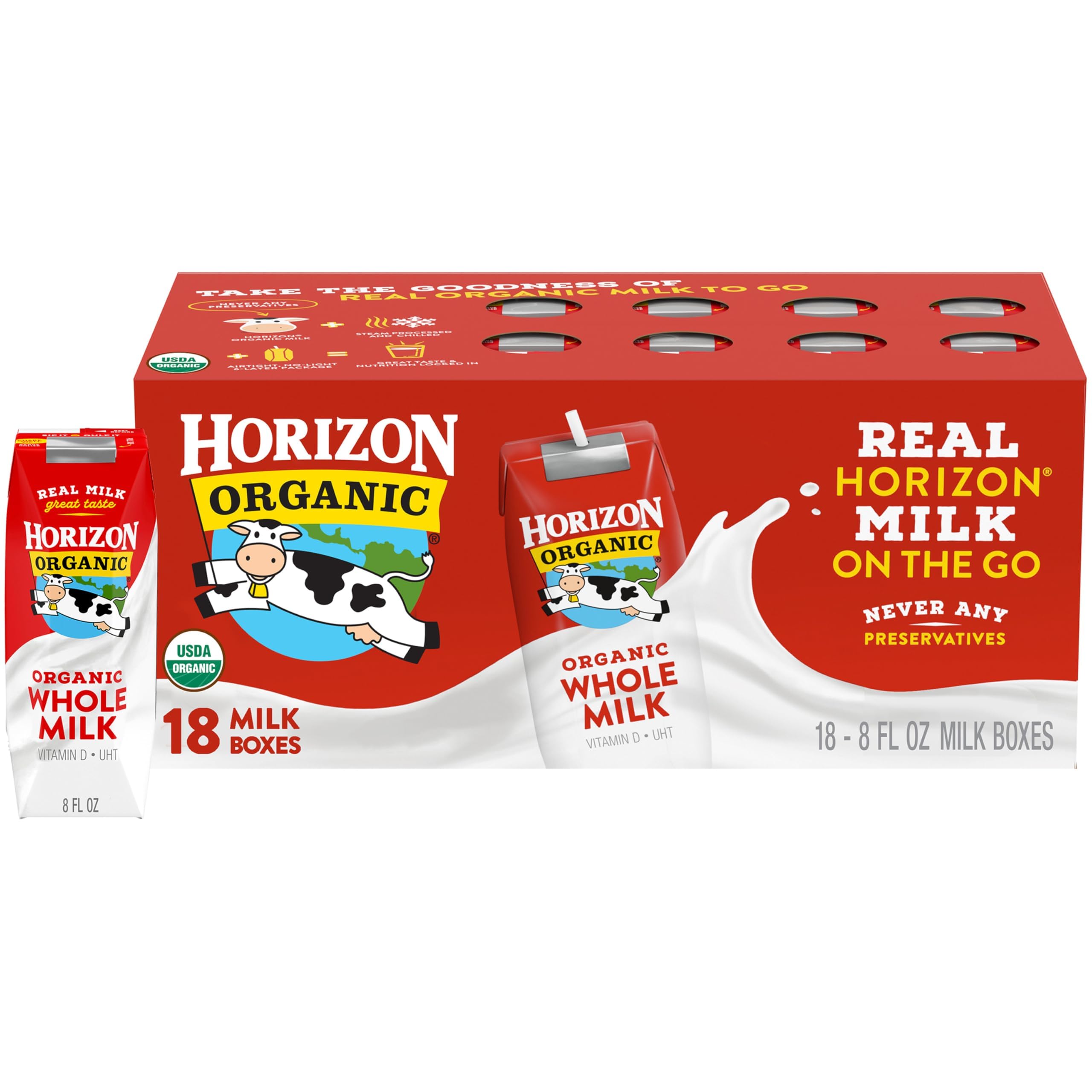Horizon Organic Shelf Stable Whole Milk Boxes, Pack of 18-8g Protein per Serving