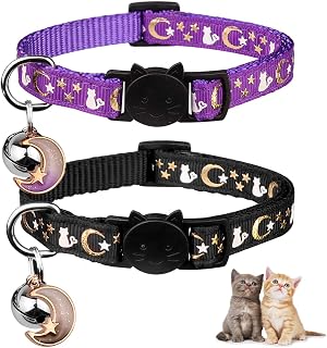 Baeuppit 2PCS Breakaway Cat Collars with Bell Moons Stars Cute Kitty Adjustable Safe Kitten Collars with Pendant Glow in The Dark(Black&Purple)