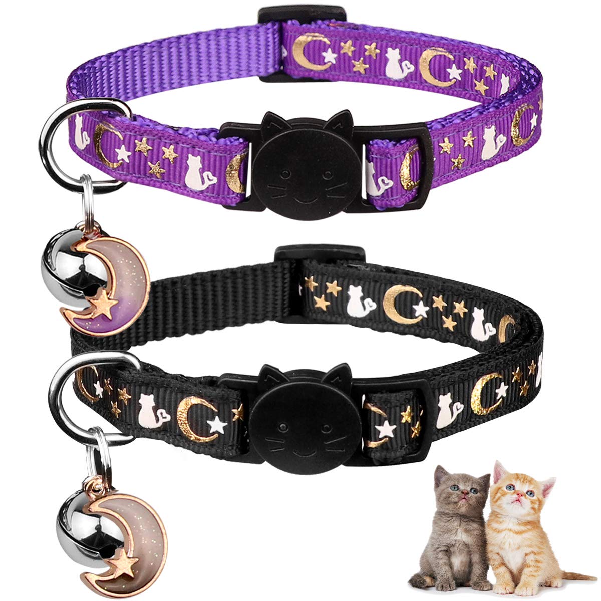 Baeuppit 2PCS Breakaway Cat Collars with Bell Moons Stars Cute Kitty Adjustable 