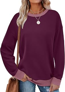 Saloogoe 2025 Fashion Round Neck Long Sleeve Loose Fit Color Block Ribbed Trim Women's Sweatshirts