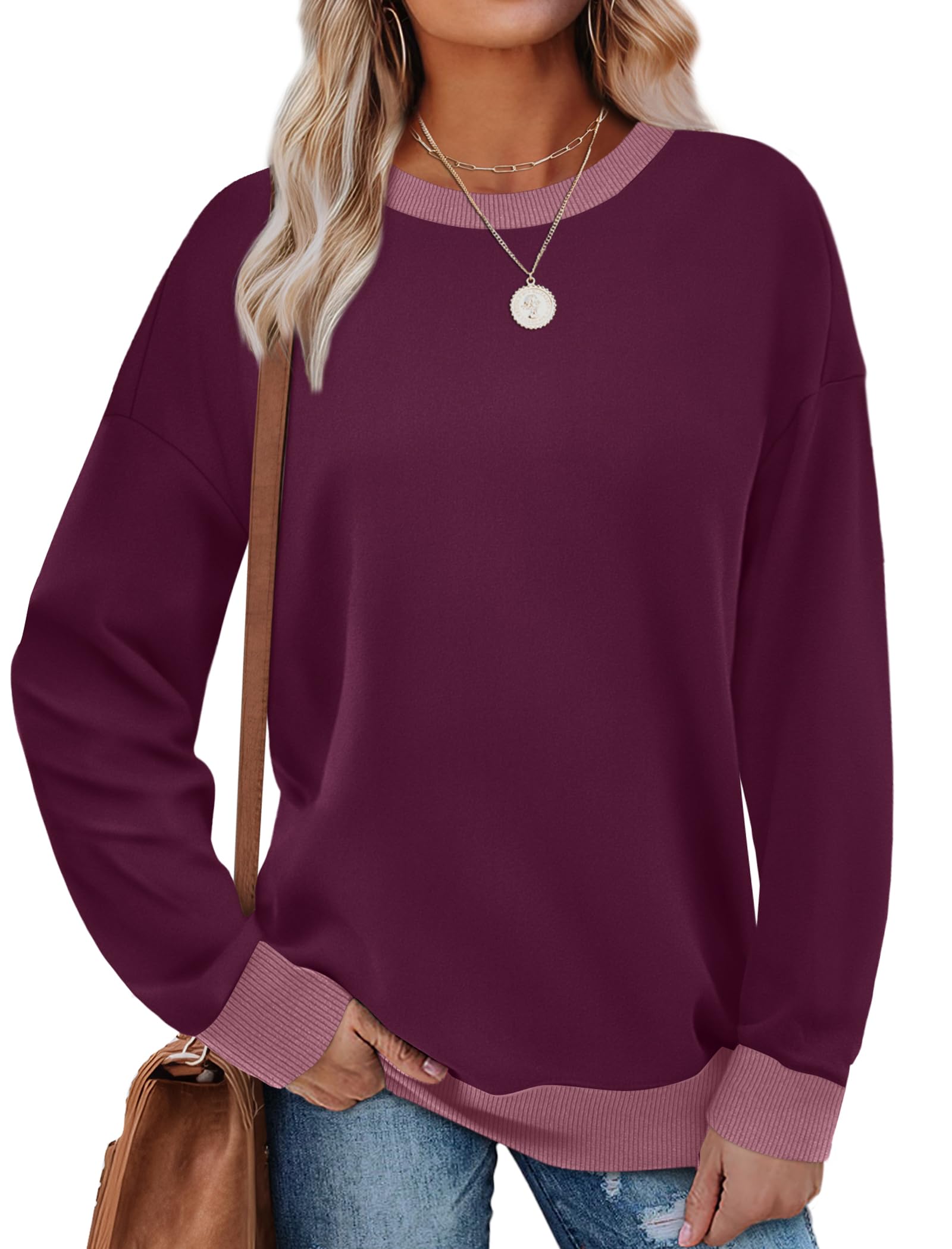 Saloogoe 2025 Fashion Round Neck Long Sleeve Loose Fit Color Block Ribbed Trim W