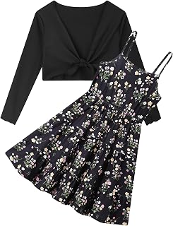 RAISEVERN Girls Adjustable Strap A-Line Dress with Front Tie Cardigan 7-14Y