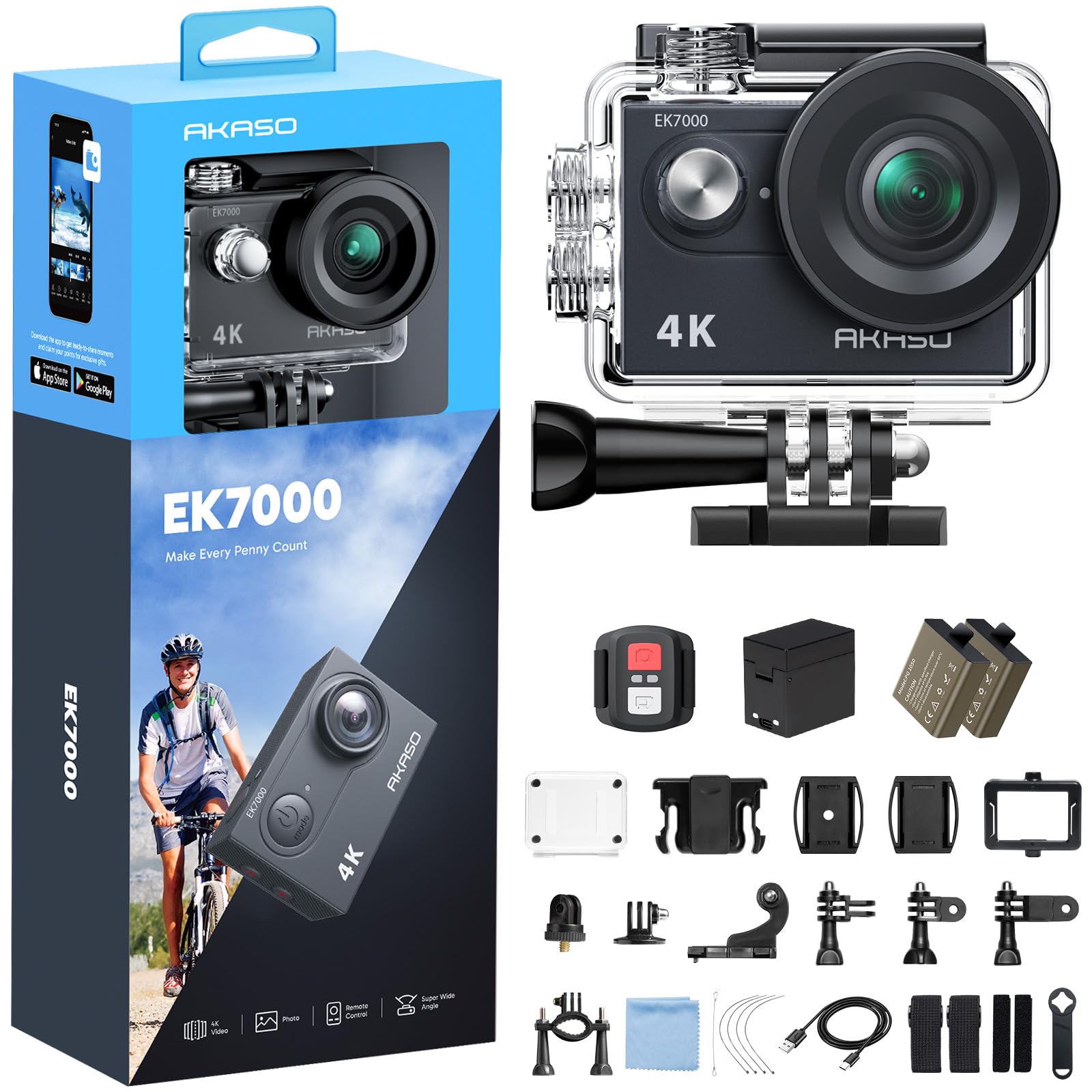 AKASO EK7000 4K30FPS 20MP WiFi Action Camera with EIS Ultra HD 131FT Waterproof 