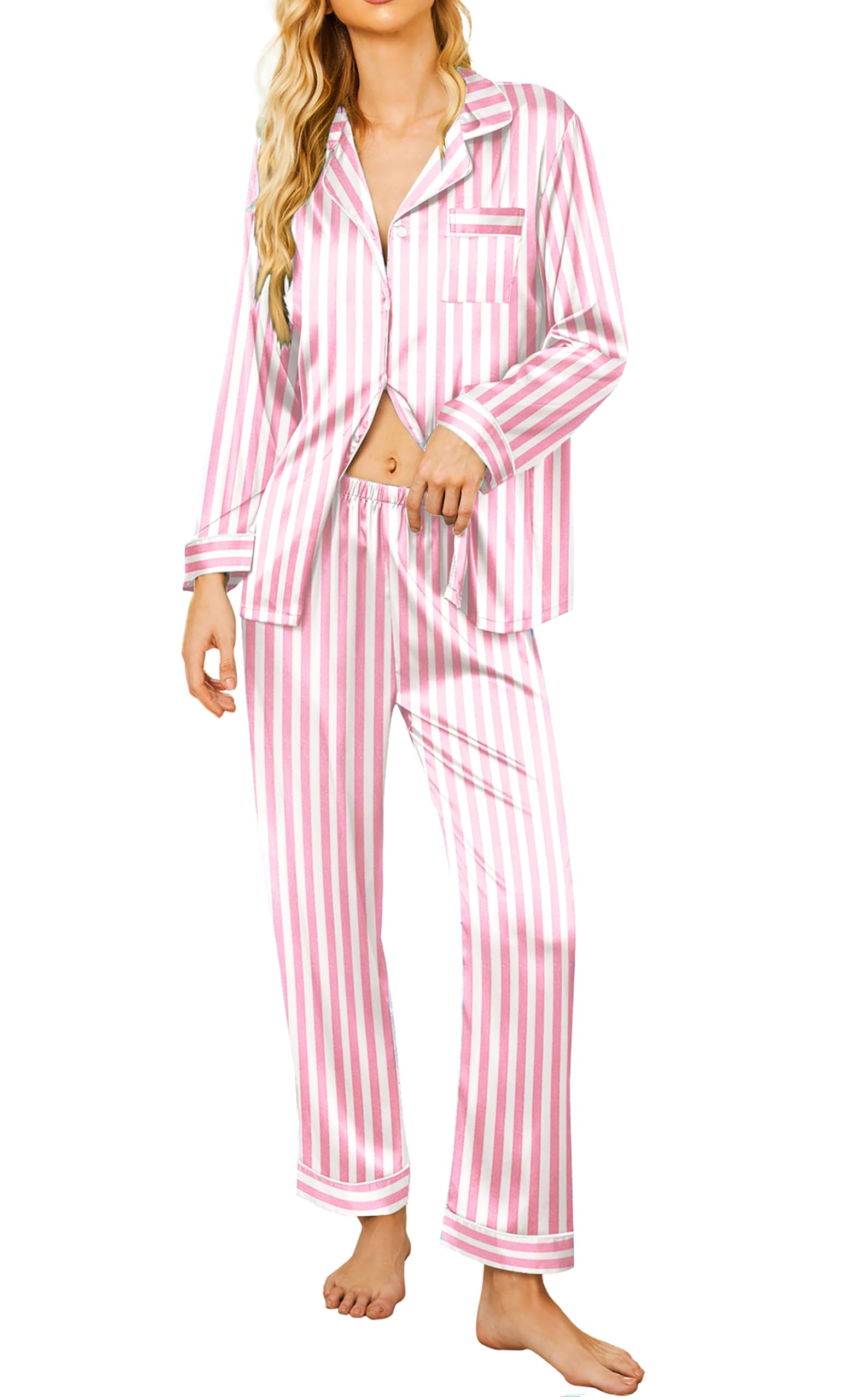Ekouaer Matching Pajamas for Couples Silk Long Sleeve Satin Soft Button