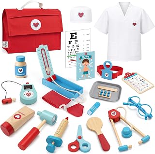 Lehoo Castle Doctor Kit Kids, Wooden Doctors Play Set for Toddler 3-8, Boys | Kids Pretend Play Set with Costume and Stethoscope, Montessori Toy, Birthday Gift for 3 4 5 6 7 8 Years Old Boys and Girls