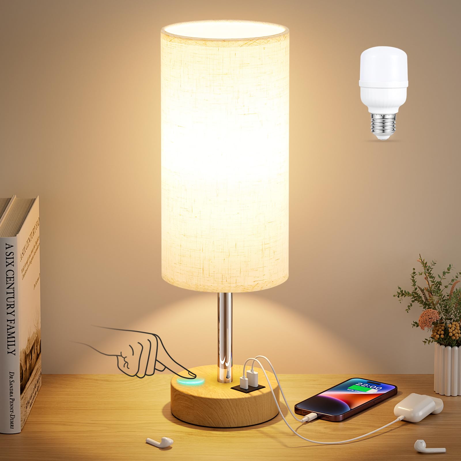Dicoool Bedside Table Lamp for Bedroom - 3-Way Dimmable Touch Lamp, USB A+C | LE