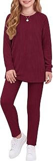 Arshiner Girls 2 Piece Outfits Rib Knit Sweatshirt and Sweatpants Sweatsuit