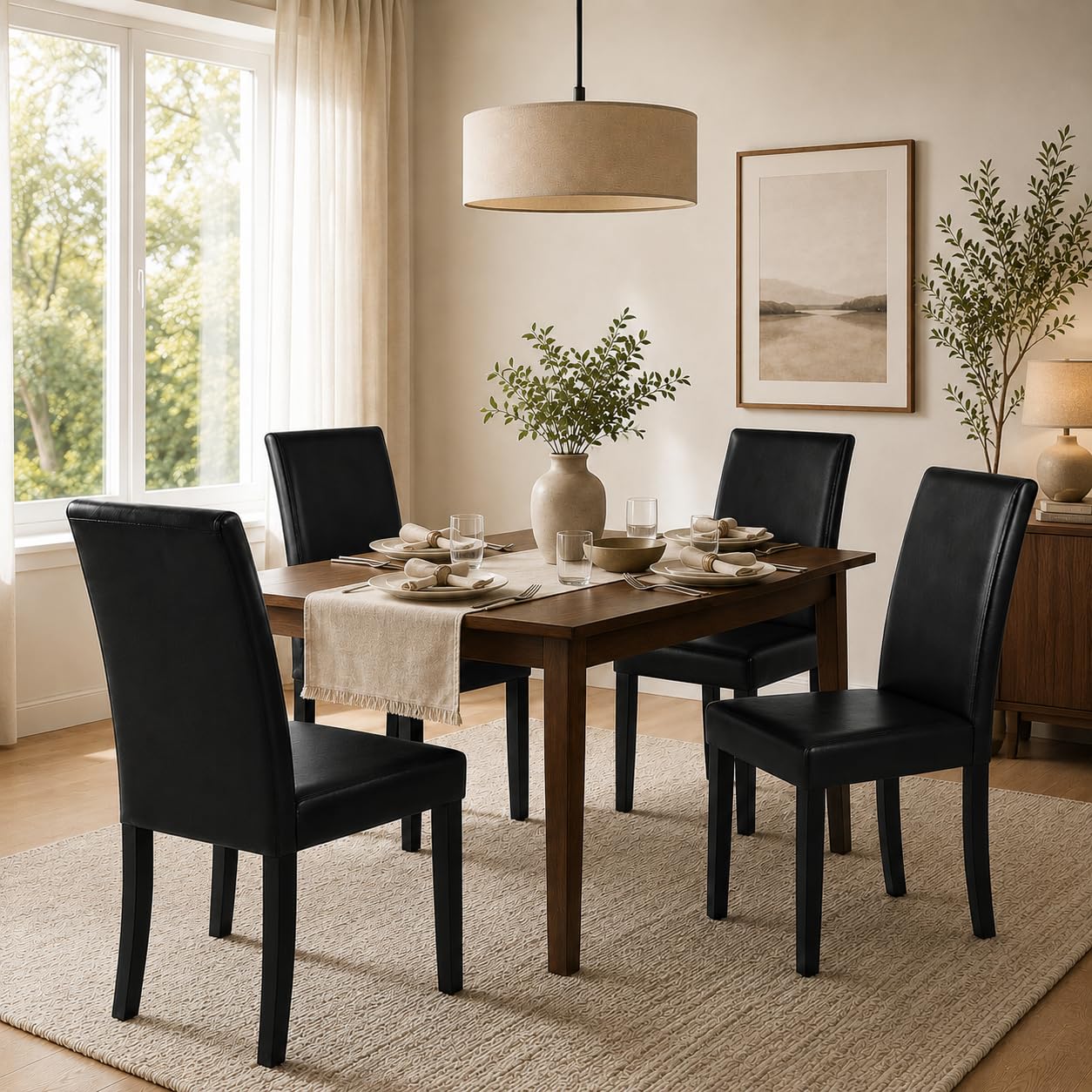 Yaheetech Dining Chairs Set of 4 Upholstered Kitchen Chairs Black | Faux Leather