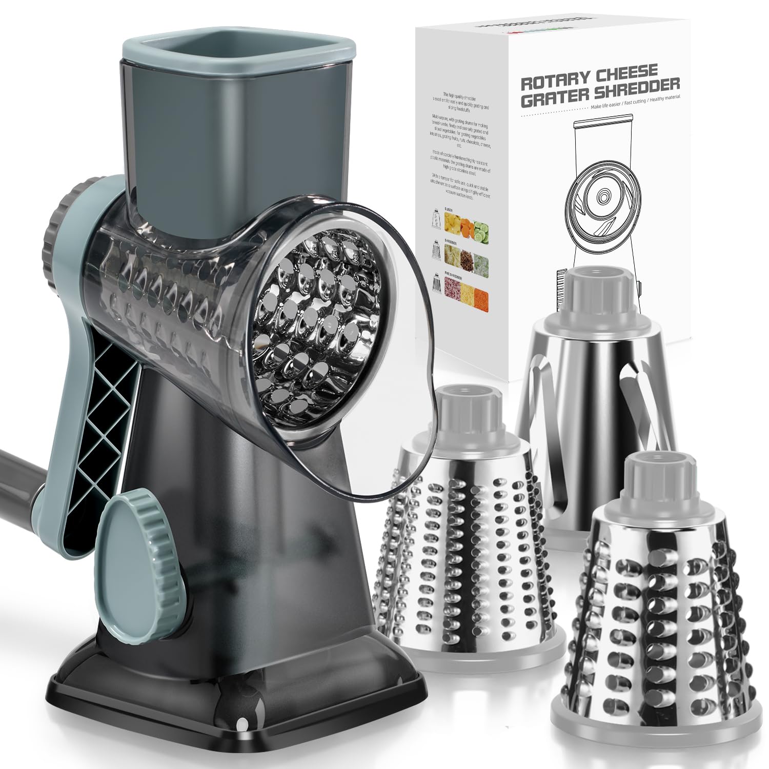 KEOUKE Rotary Cheese Grater, Hand Crank Shredder Slicer | 3 Blades, 430 Stainles