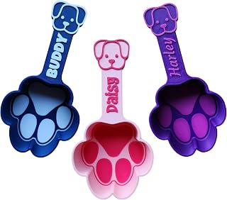 Personalized Dog Food Scoop, Paw Print Pet Food Measuring Cup with Pup Face Handle and Name, Kibble Scoop (2 oz – 1/4 Cup)