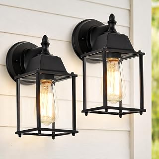 Outdoor Wall Lanterns 2 Pack, Black Porch Lights with Clear Glass