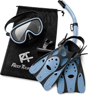 【Amazon.co.jp Exclusive】 Reef Tourer (REEF TOURER) Snorkeling 3-Piece Set with Mesh Bag, Panorama Wide-View Mask + Snorkel with Wave Guard + Lightweight Compact Fin, Black/White, Sizes S/M/L, RP0104P
