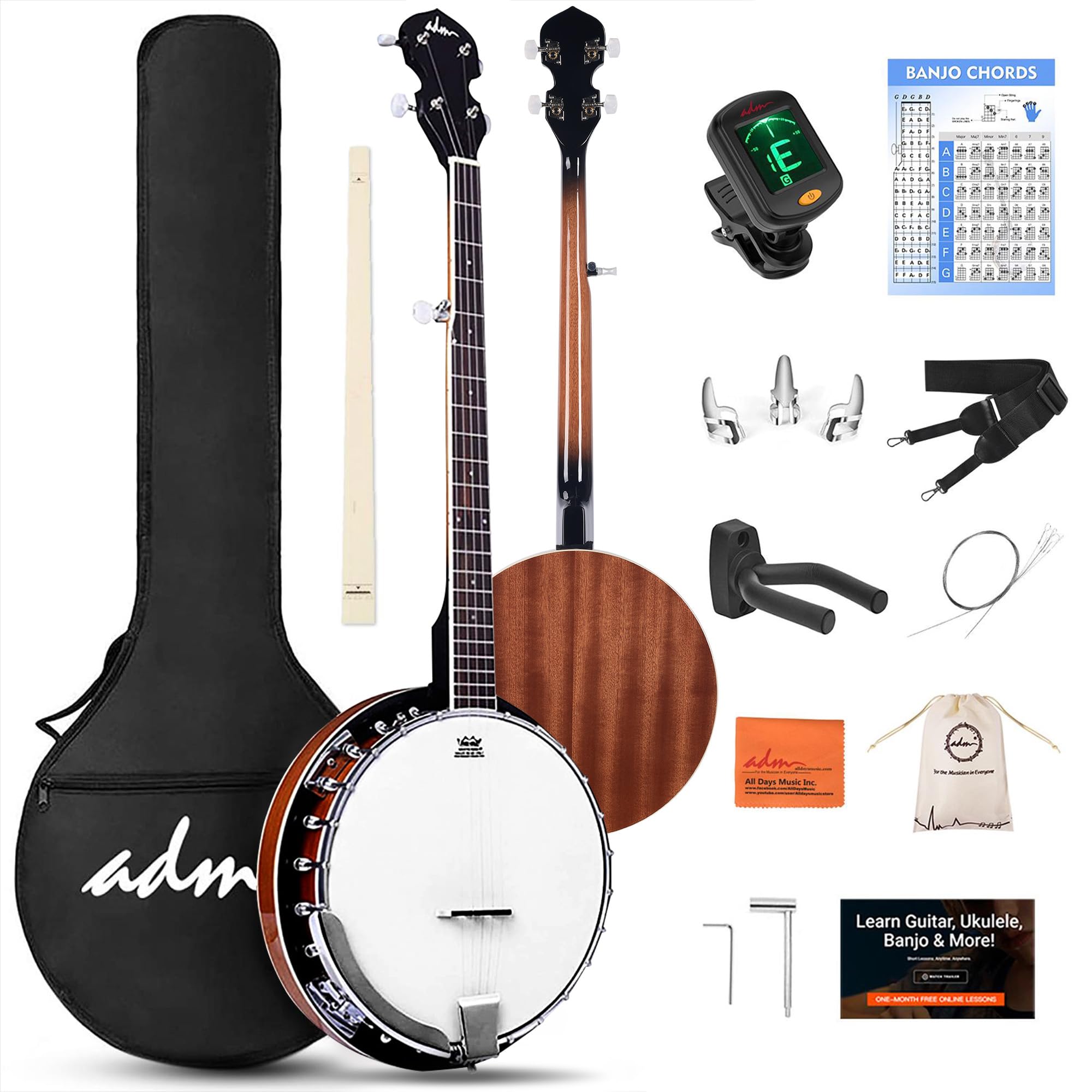 ADM Banjo 5 String Full Size Banjoes Set, 38 Inch Beginner Banjo Kit with Resona