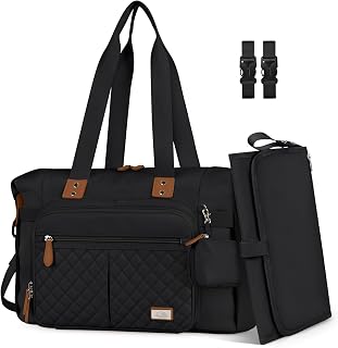 RAINSMORE Baby Changing Bags Nappy Tote Bag Waterproof Baby Diaper Bag for Mom and Dad with Pacifier Holder and Portable Changing Mat Black